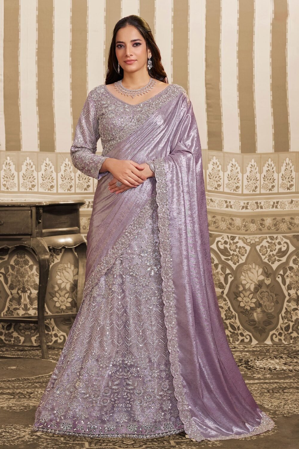 Lavender Foil Satin Beads Work Women Lehenga Saree With Stitched Blouse