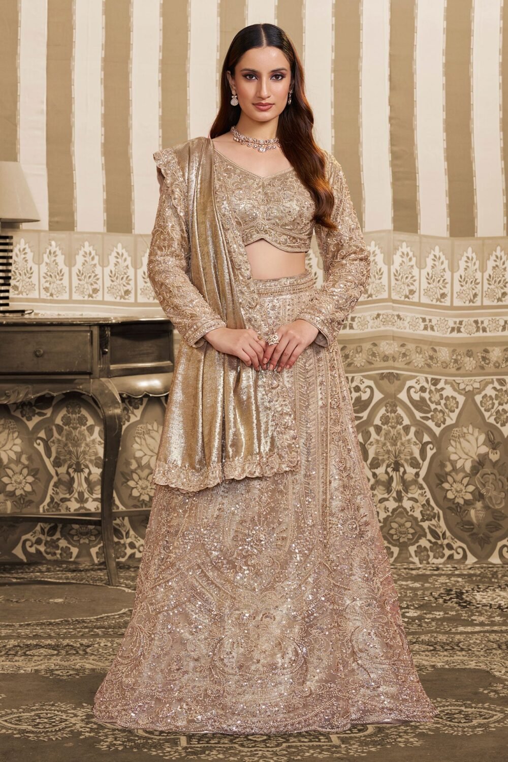 Golden Foil Satin Beads Work Women Lehenga Saree With Stitched Blouse