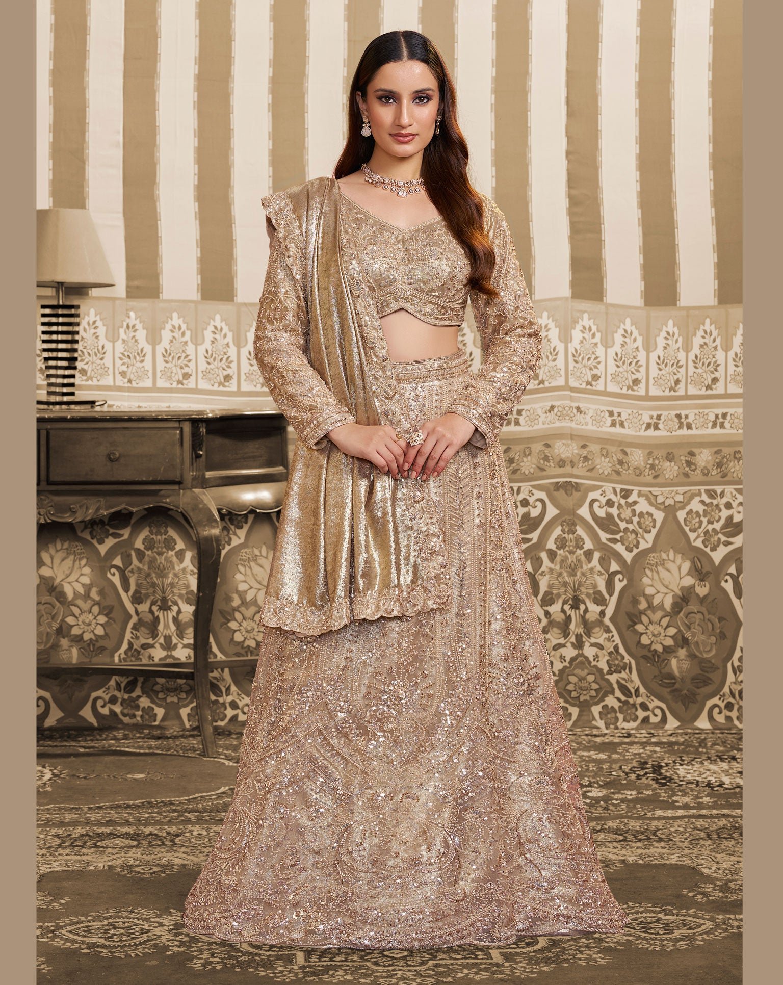 Golden Foil Satin Beads Work Women Lehenga Saree With Stitched Blouse