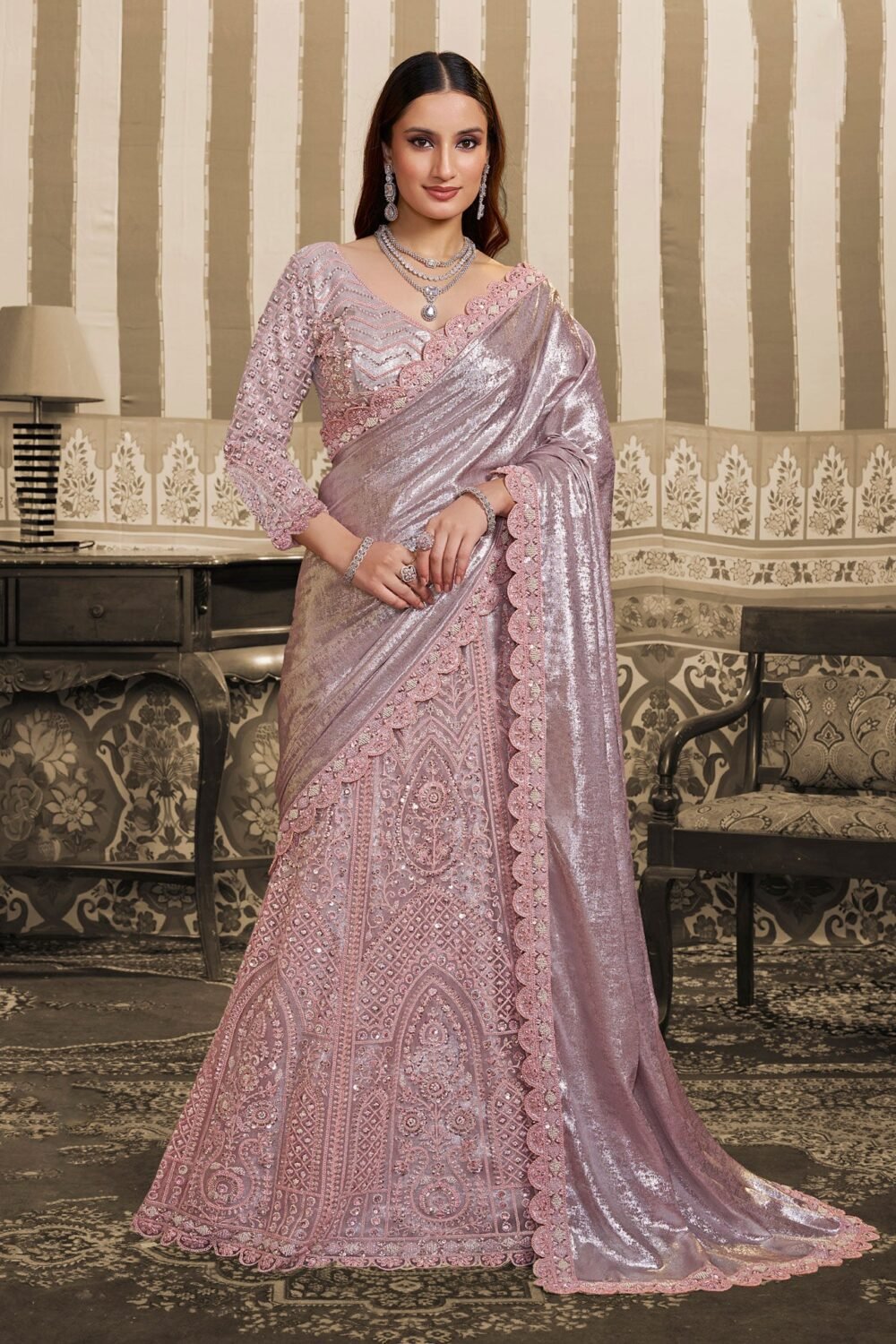 Pink Foil Satin Beads Work Women Lehenga Saree With Stitched Blouse