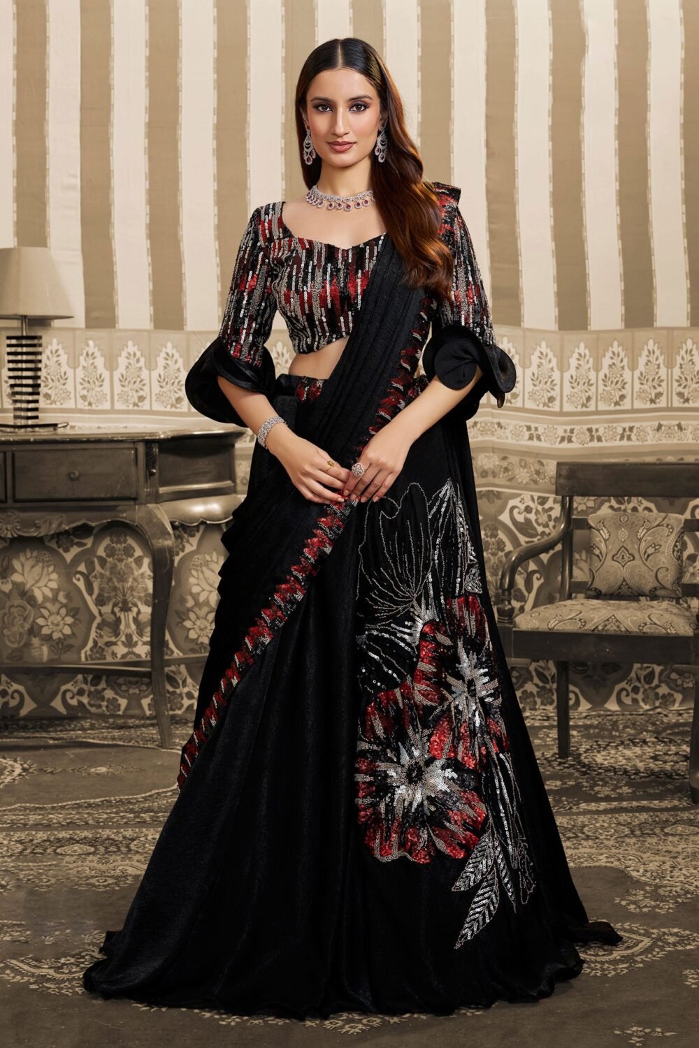 Black Velvet Satin Beads Work Women Lehenga Saree With Stitched Blouse
