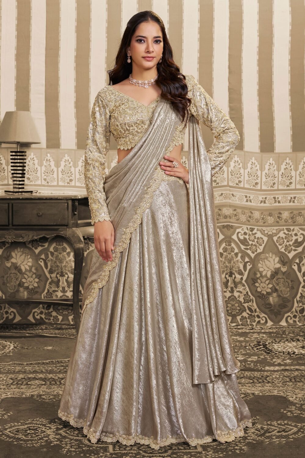 Cream Foil Satin Beads Work Women Lehenga Saree With Stitched Blouse