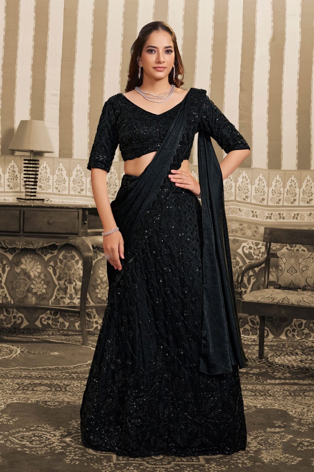 Black Foil Satin Beads Work Women Lehenga Saree With Stitched Blouse
