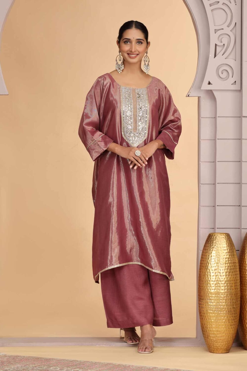 Magenta Organza Shimmer Silk Readymade Salwar Suit For Woman With Palazzo