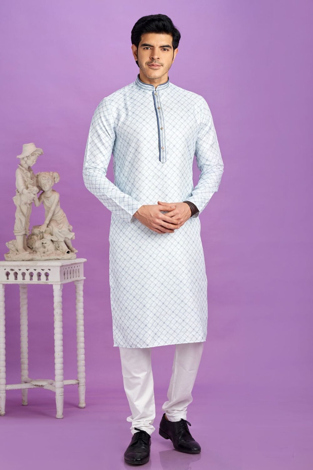 Blue Cotton Digital Print Readymade Man Kurta Set With Off White Churidar