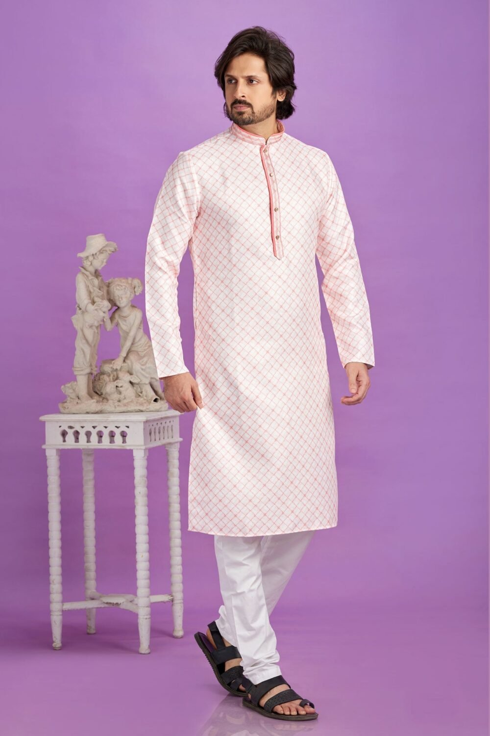 Pink Cotton Digital Print Readymade Man Kurta Set With Off White Churidar