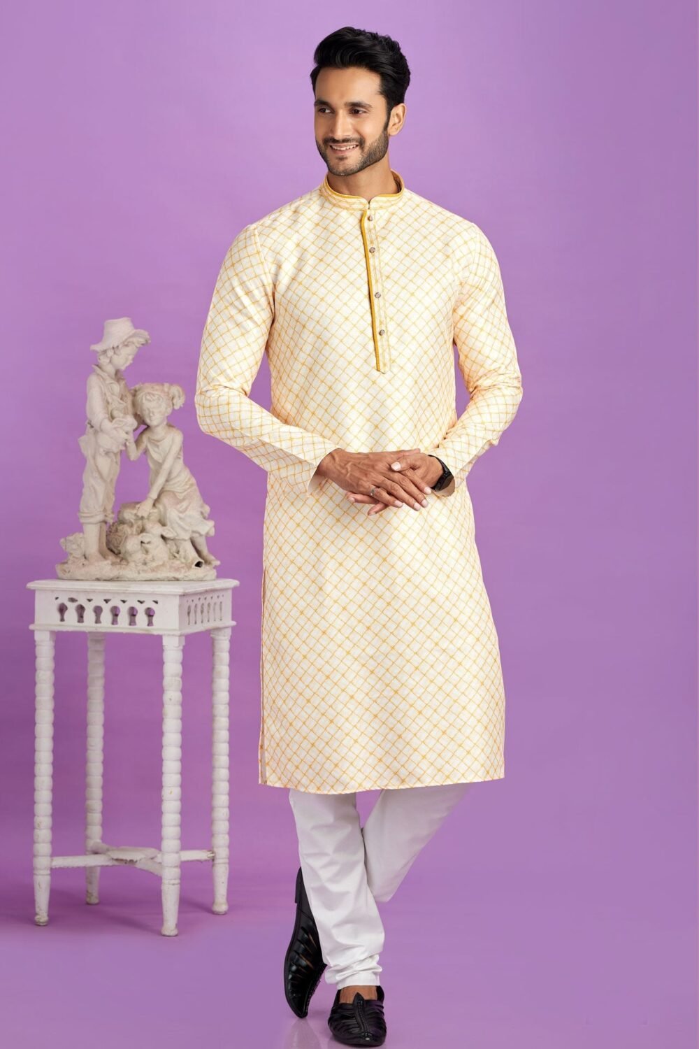 Yellow Cotton Digital Print Readymade Man Kurta Set With Off White Churidar