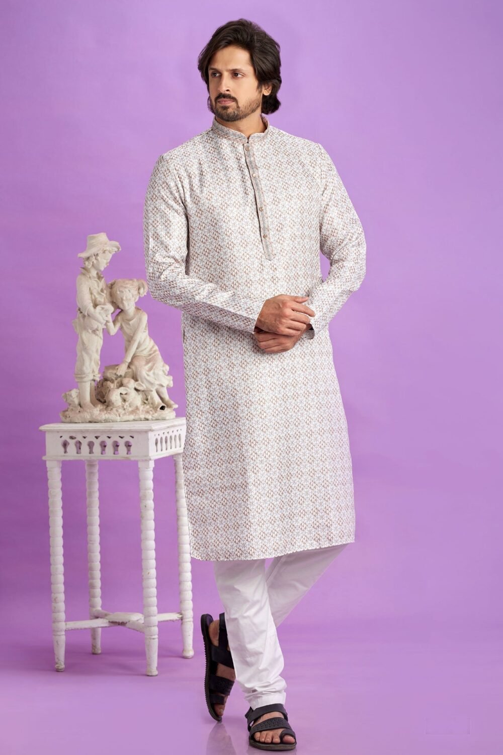 Brown Cotton Digital Print Readymade Man Kurta Set With Off White Churidar