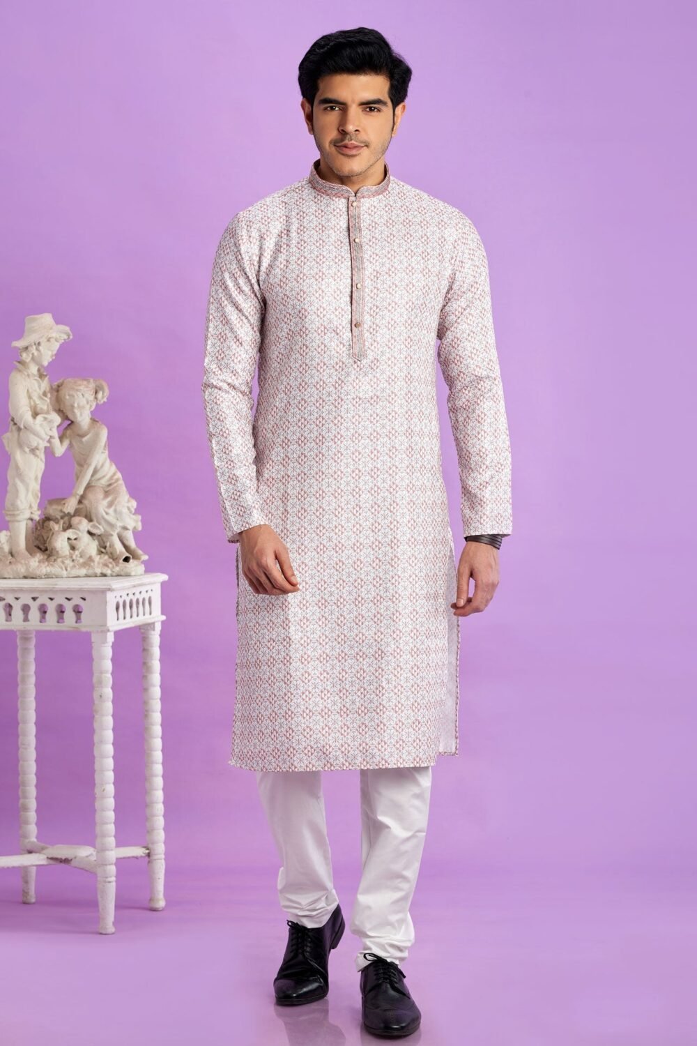 Cream Cotton Digital Print Readymade Man Kurta Set With Off White Churidar