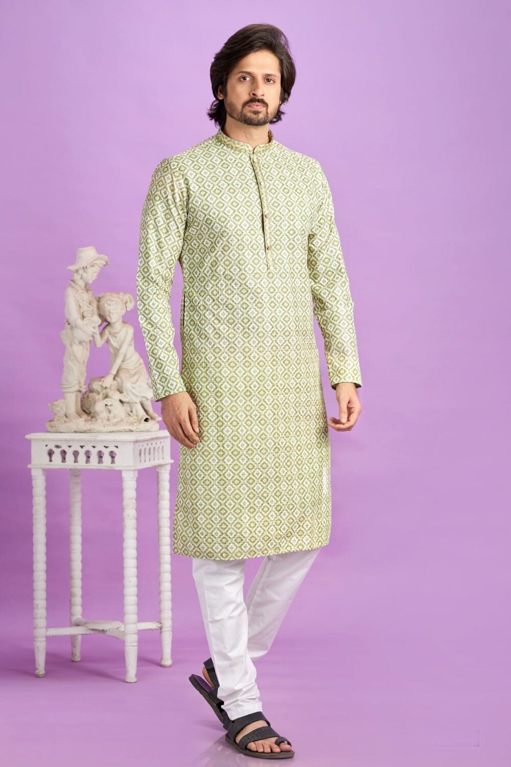 Green Cotton Digital Print Readymade Man Kurta Set With Off White Churidar