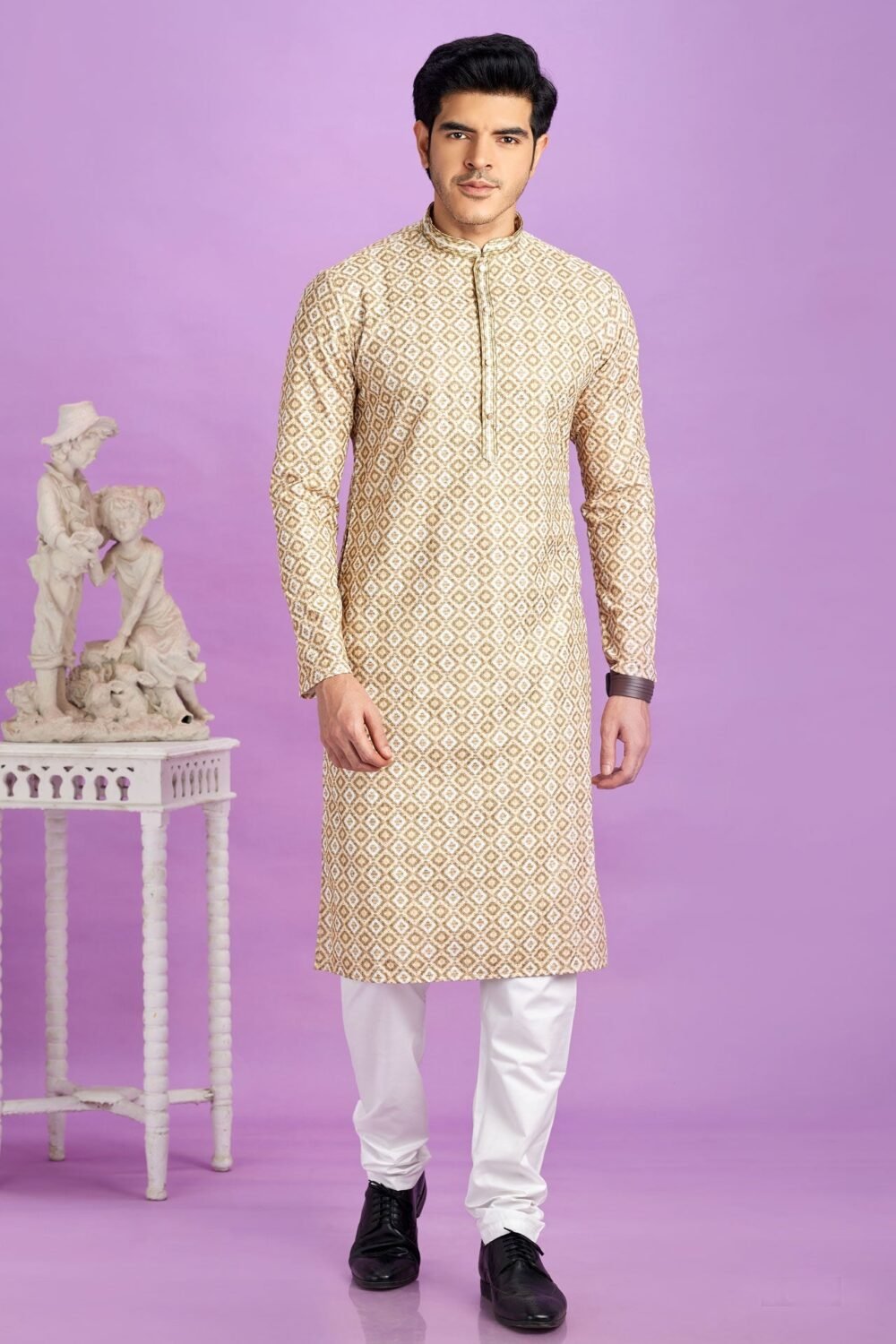 Brown Cotton Digital Print Readymade Man Kurta Set With Off White Churidar