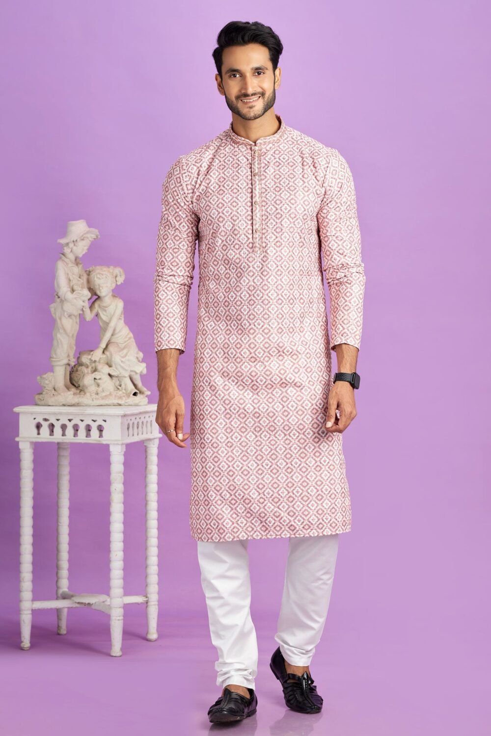 Pink Cotton Digital Print Readymade Man Kurta Set With Off White Churidar