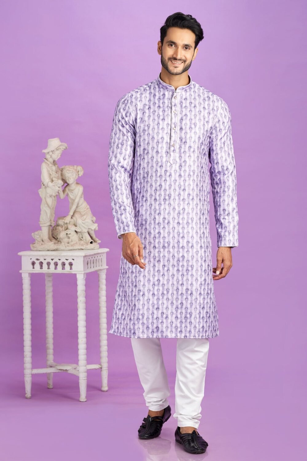 Purple Cotton Digital Print Readymade Man Kurta Set With Off White Churidar