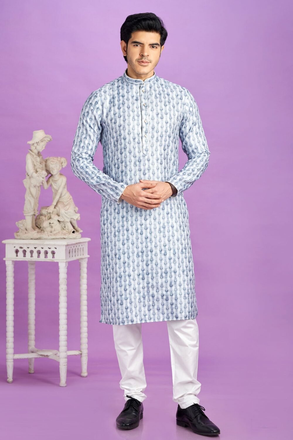 Blue Cotton Digital Print Readymade Man Kurta Set With Off White Churidar