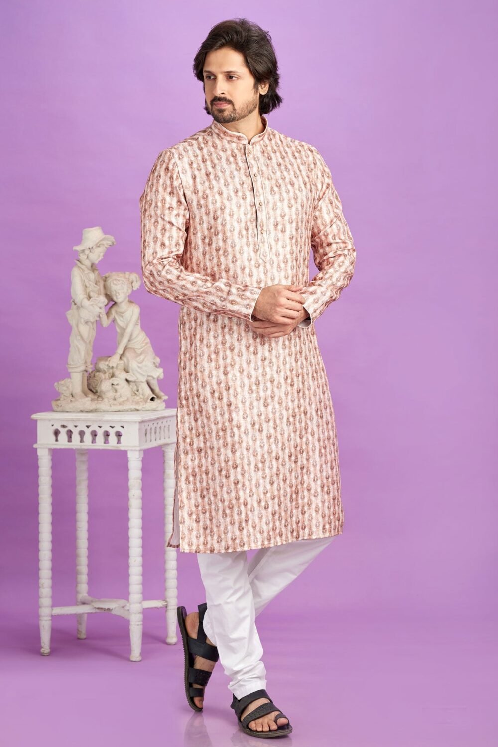 Brown Cotton Digital Print Readymade Man Kurta Set With Off White Churidar