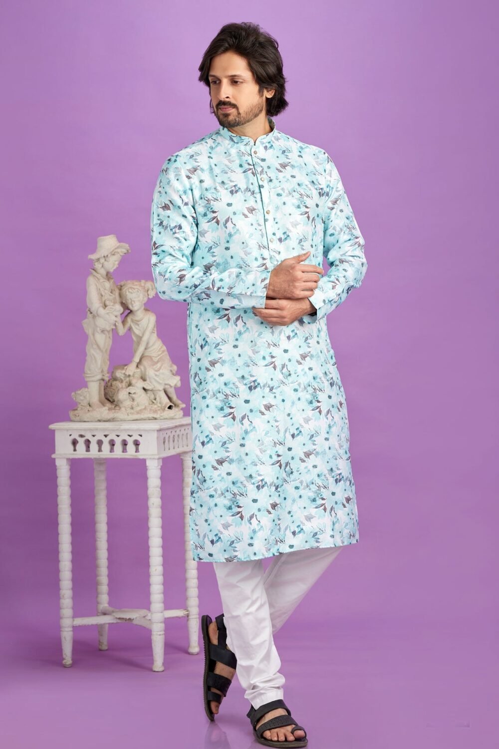 Blue Cotton Digital Print Readymade Man Kurta Set With Off White Churidar