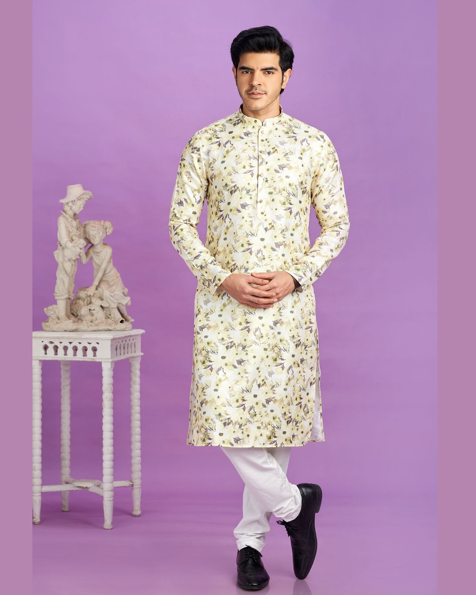 Yellow Cotton Digital Print Readymade Man Kurta Set With Off White Churidar