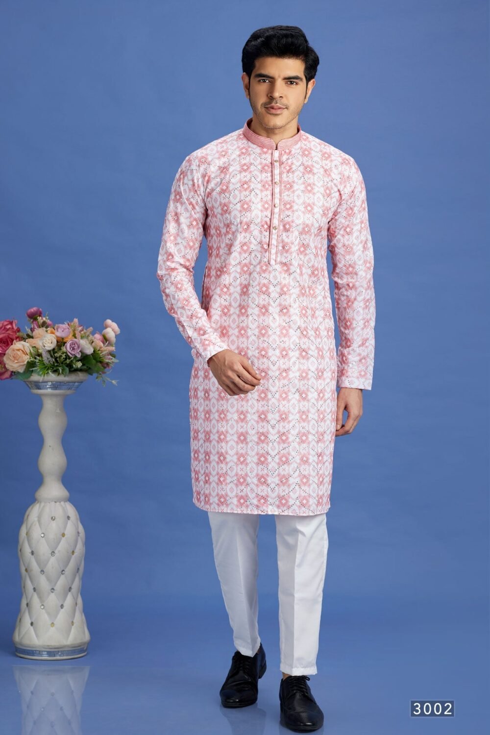 Pink Embroidered Cotton Readymade Man Kurta Set