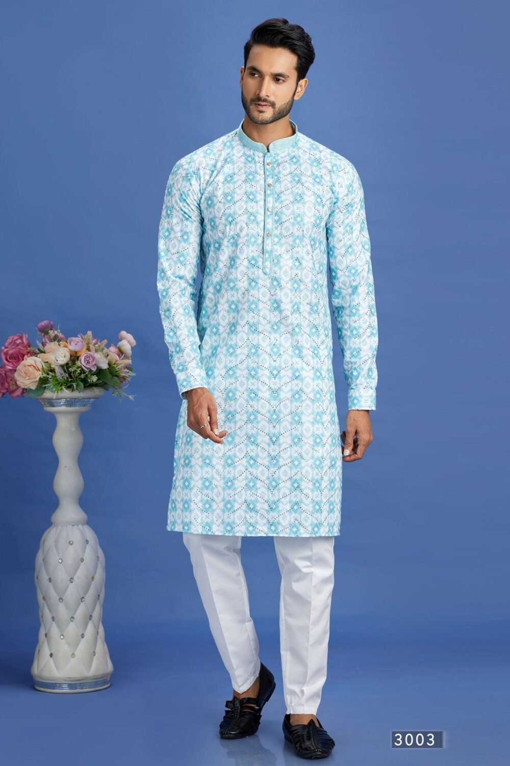 Blue Embroidered Cotton Readymade Man Kurta Set