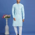 Blue Embroidered Cotton Readymade Man Kurta Set