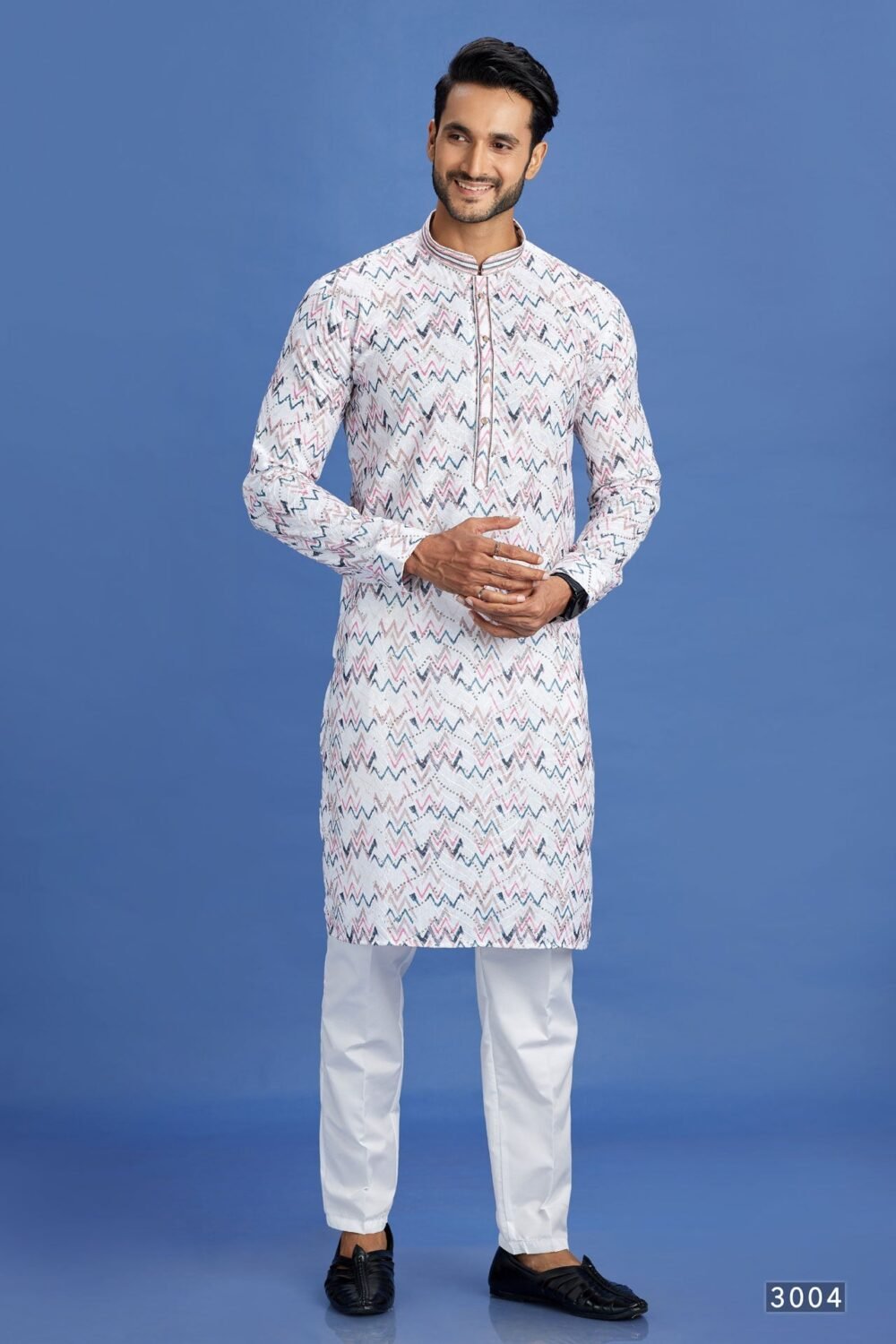 Off White Pink Blue Embroidered Cotton Readymade Man Kurta Set
