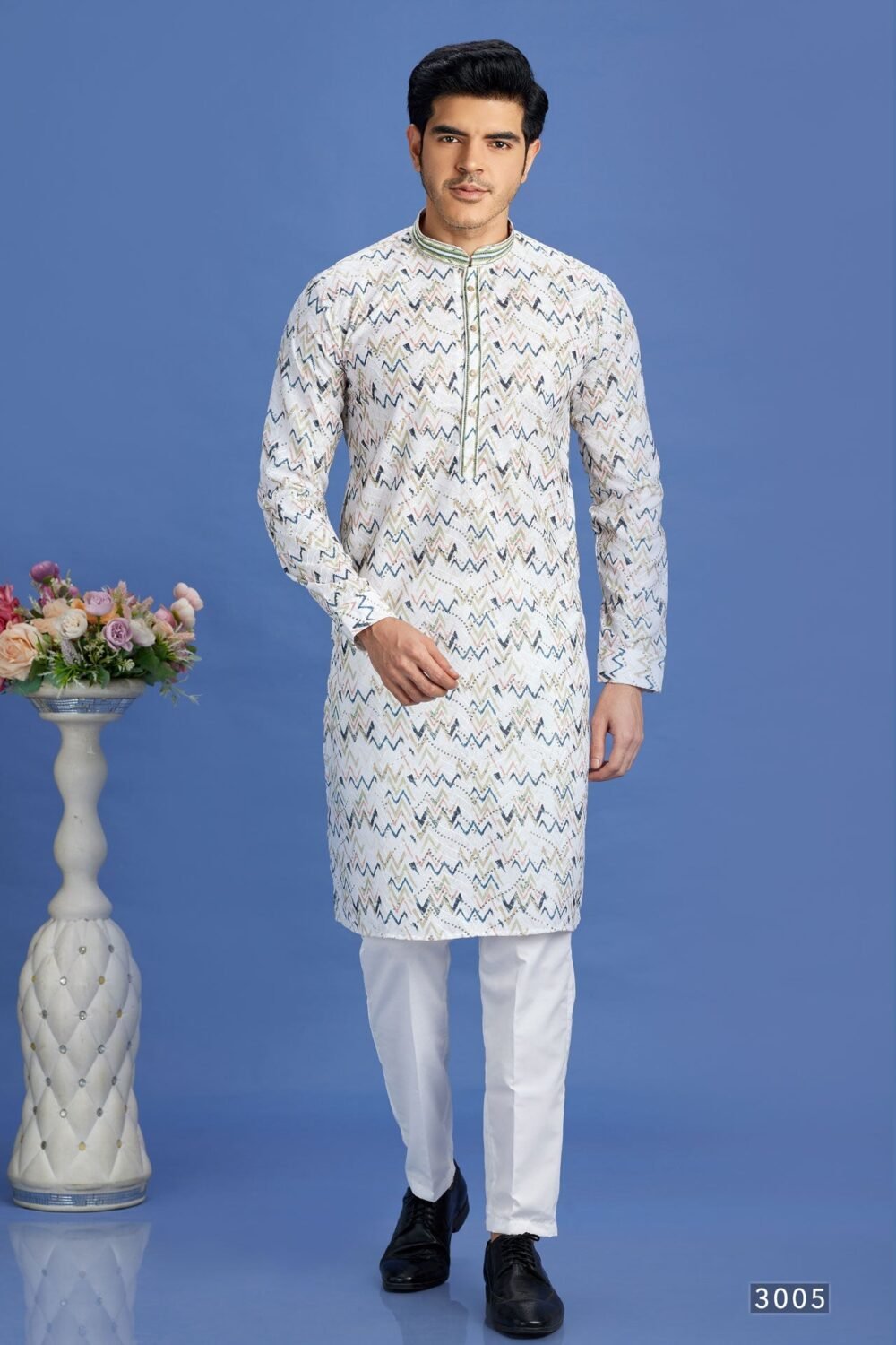 Off White & Blue Embroidered Cotton Readymade Man Kurta Set