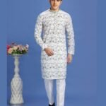 Off White & Blue Embroidered Cotton Readymade Man Kurta Set