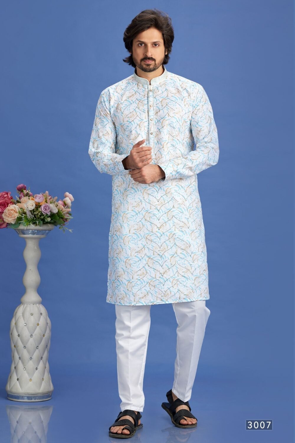Blue Embroidered Cotton Readymade Man Kurta Set