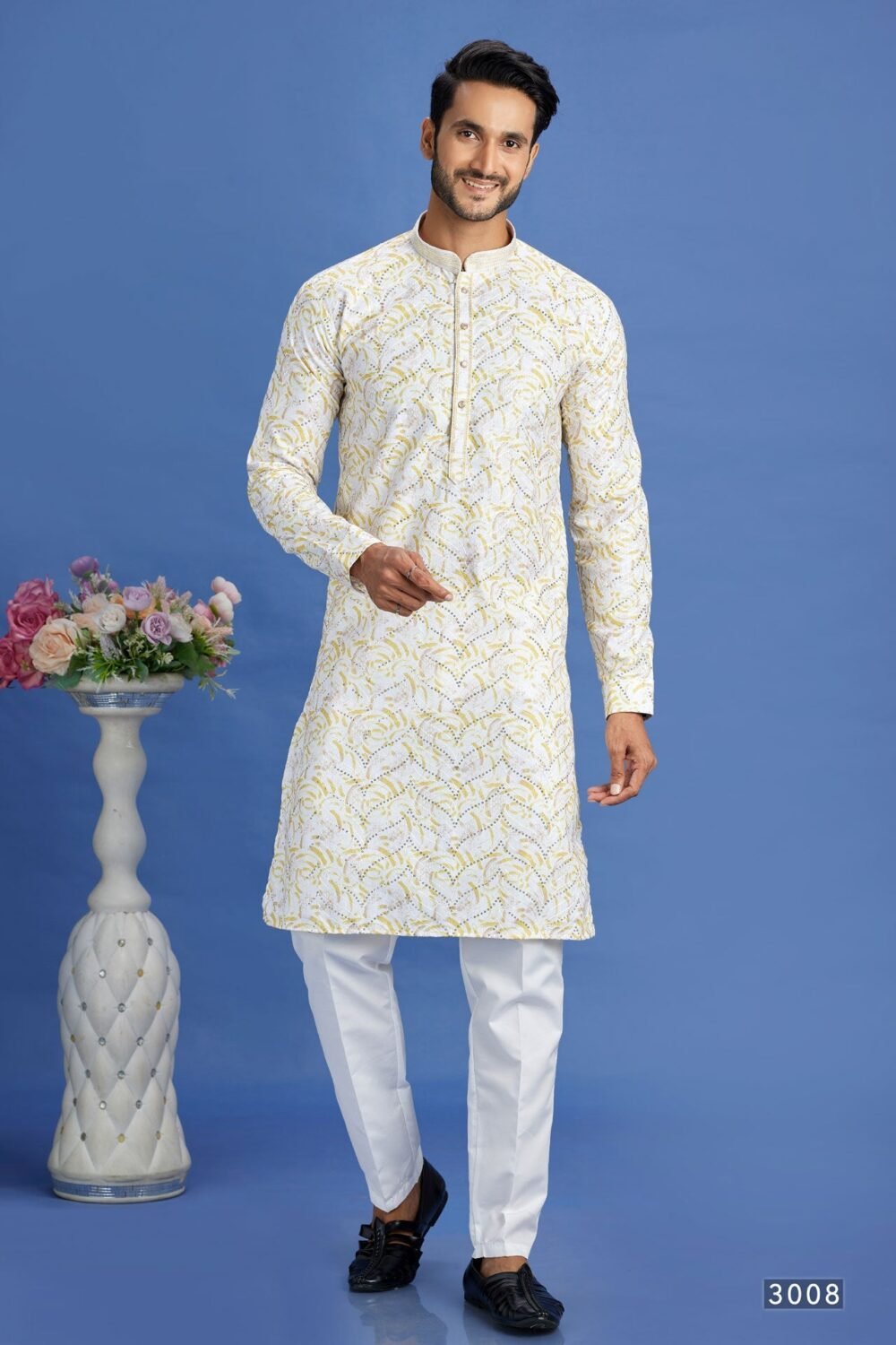 Off White & Yellow Embroidered Cotton Readymade Man Kurta Set