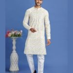 Off White & Yellow Embroidered Cotton Readymade Man Kurta Set