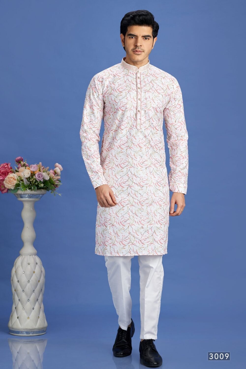 Off White & Pink Embroidered Cotton Readymade Man Kurta Set