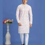 Off White & Pink Embroidered Cotton Readymade Man Kurta Set