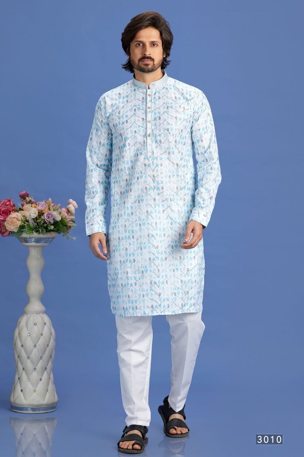 Off White & Blue Embroidered Cotton Readymade Man Kurta Set