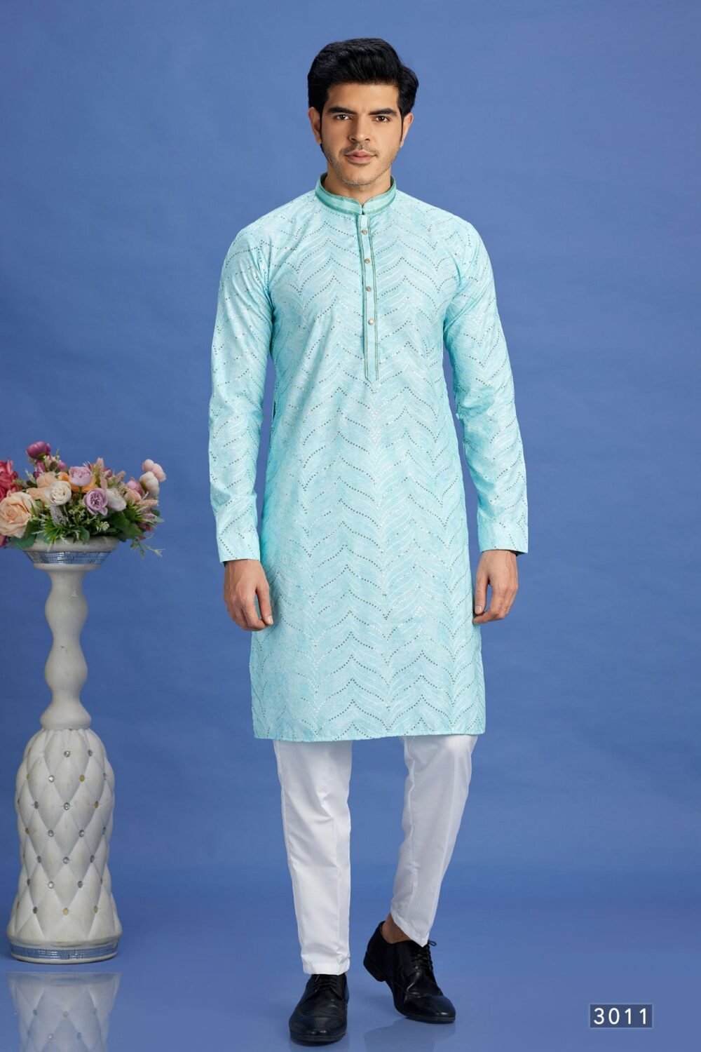 Light Teal Embroidered Cotton Readymade Man Kurta Set
