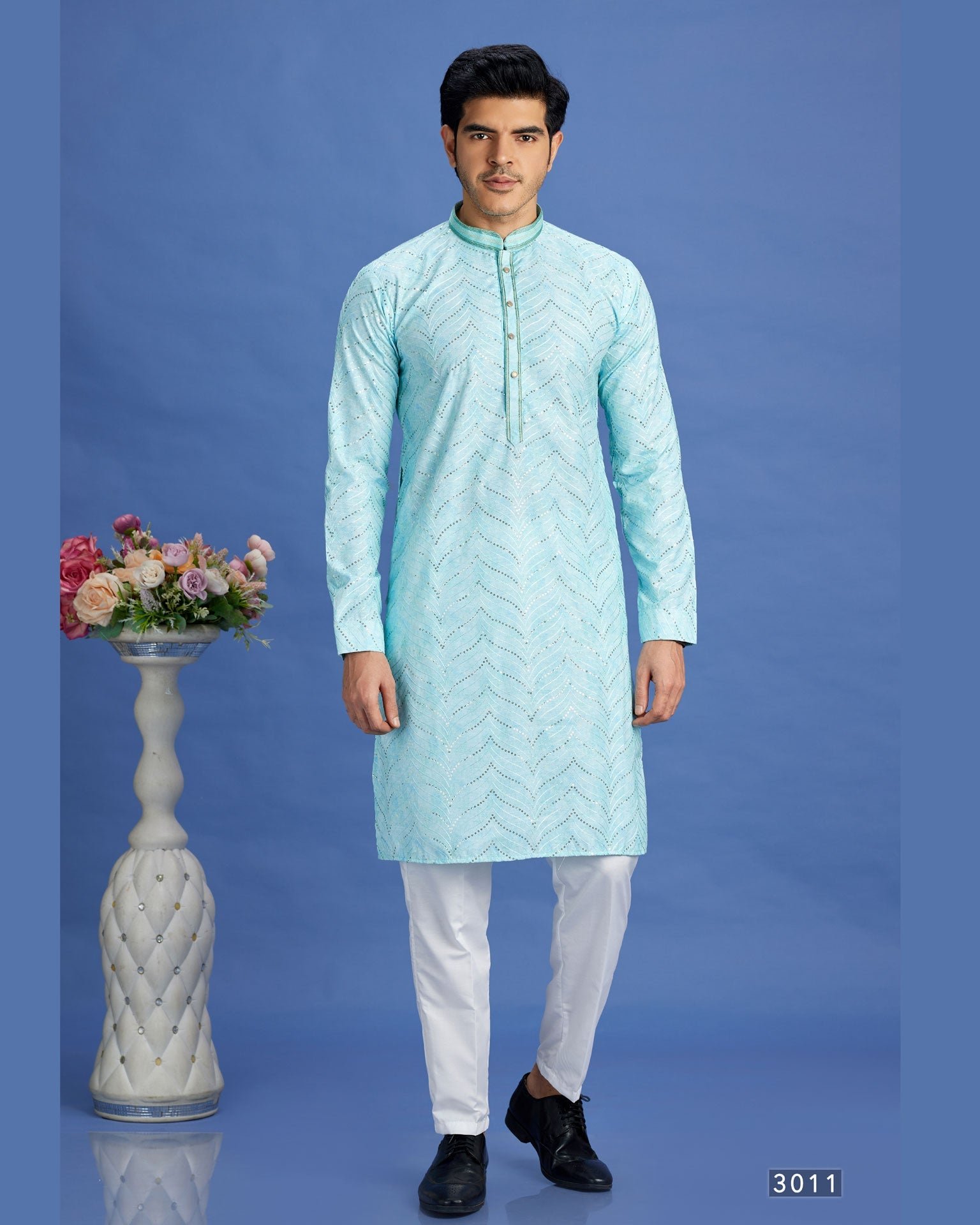 Light Teal Embroidered Cotton Readymade Man Kurta Set
