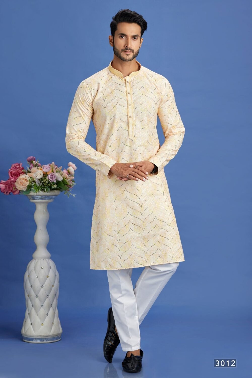 Yellow Embroidered Cotton Readymade Man Kurta Set