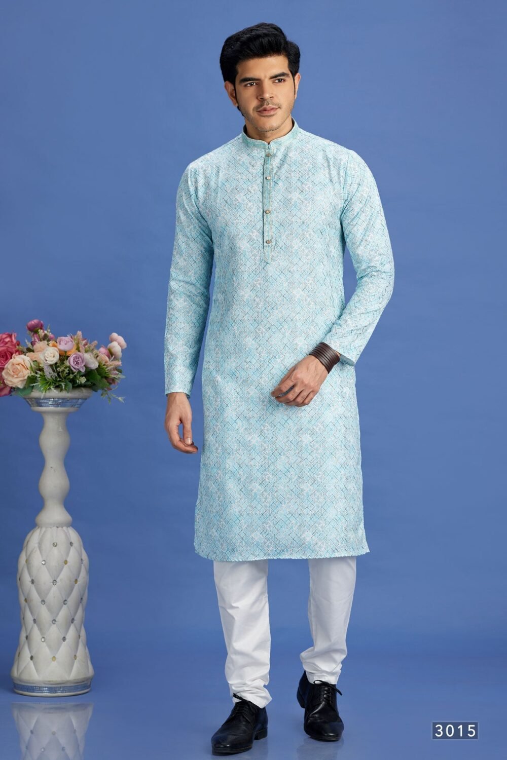 Blue Embroidered Cotton Readymade Man Kurta Set