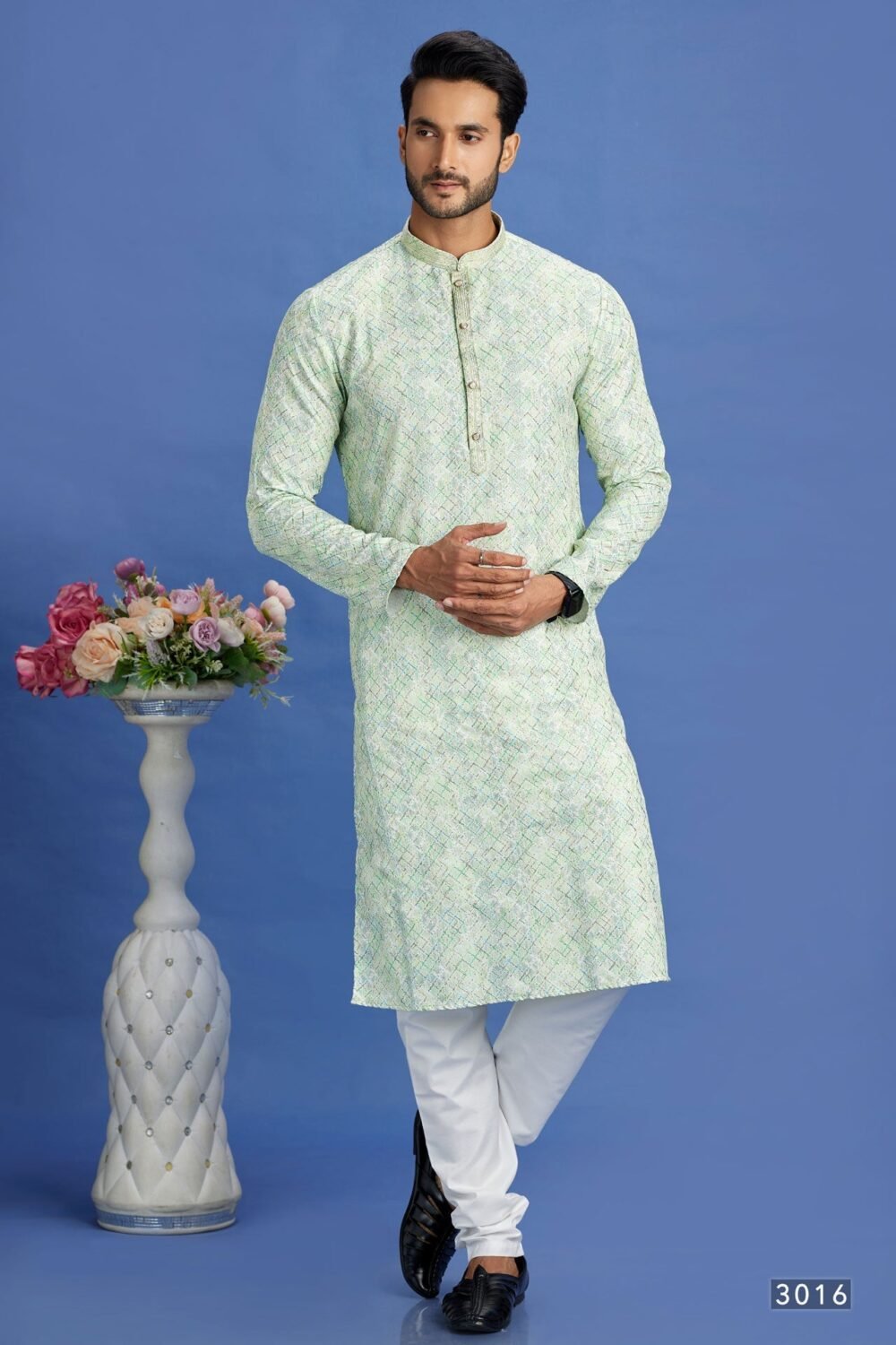 Pista Green Embroidered Cotton Readymade Man Kurta Set