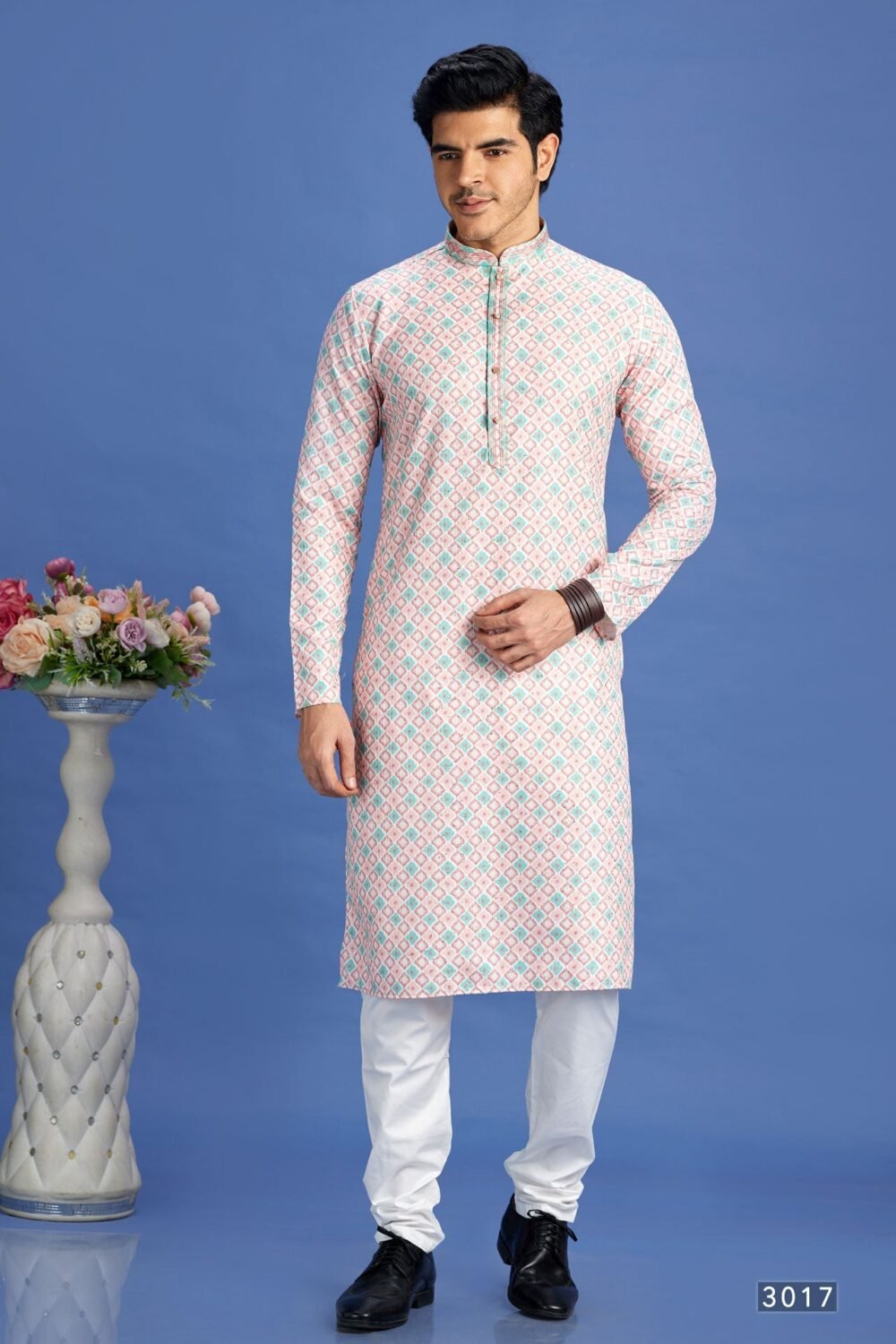 Peach Embroidered Cotton Readymade Man Kurta Set