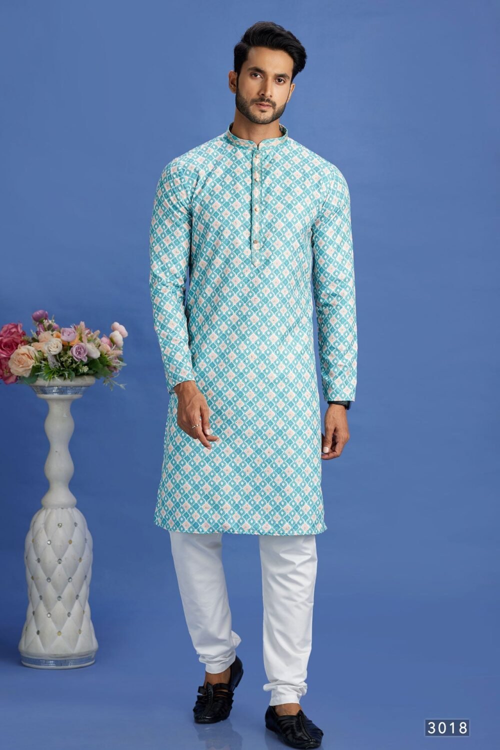 Teal Green Embroidered Cotton Readymade Man Kurta Set