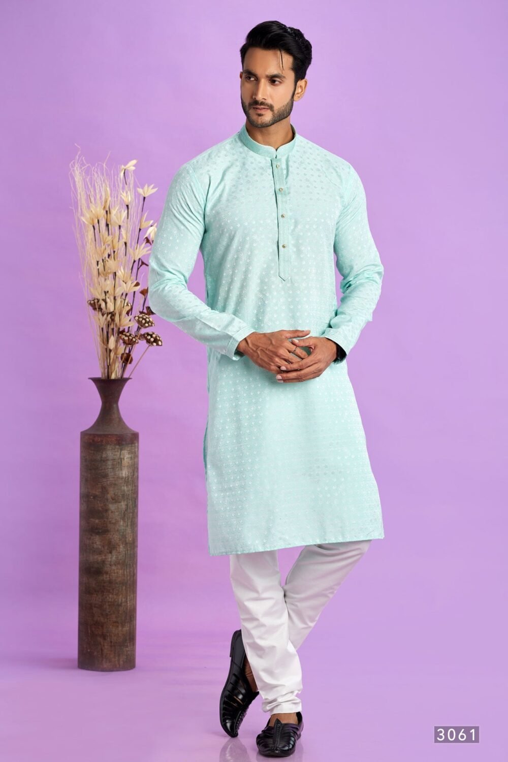 Ice Teal Green Jacquard Art Silk Readymade Man Kurta Set With Off White Churidar