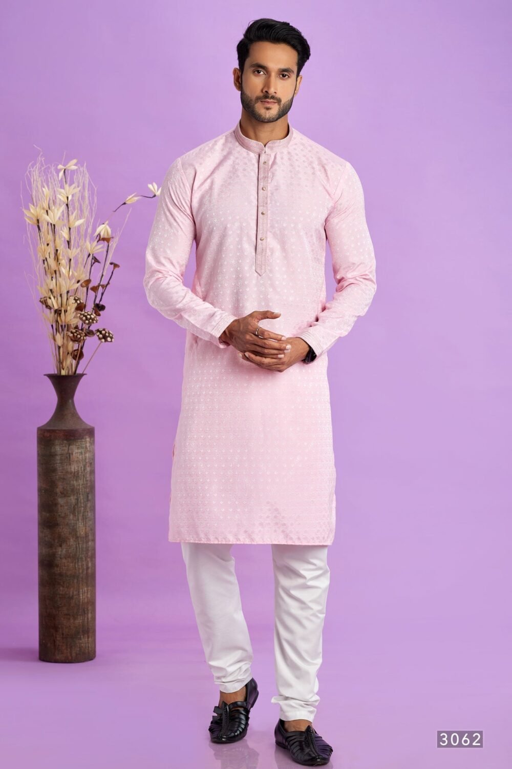 Ice Pink Jacquard Art Silk Readymade Man Kurta Set With Off White Churidar