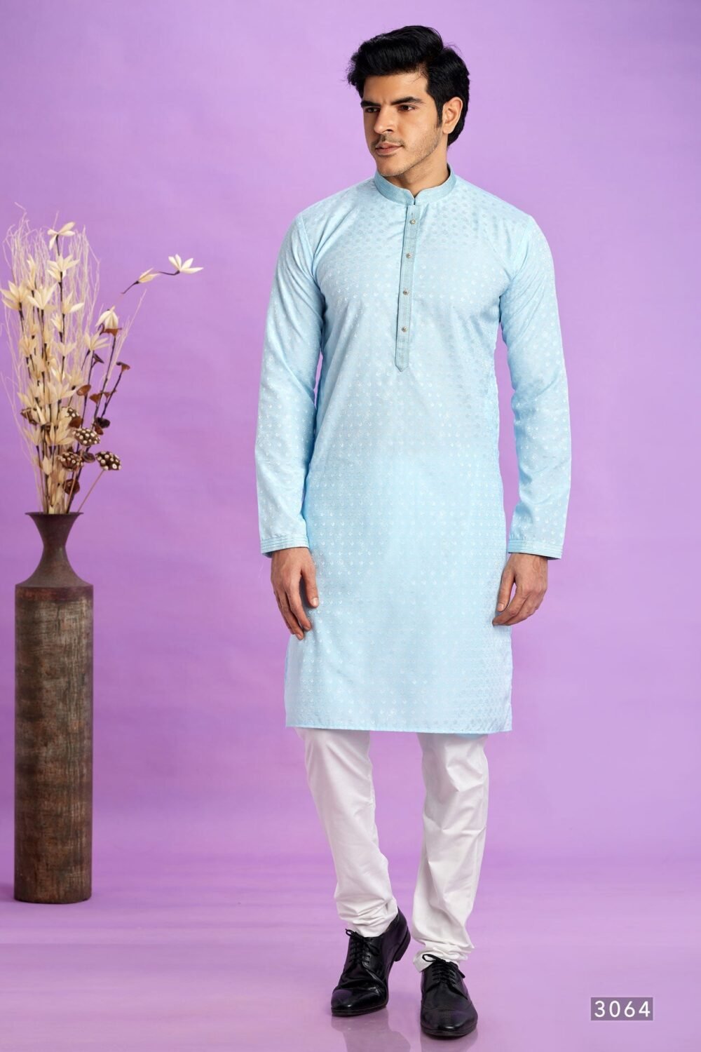Ice Blue Jacquard Art Silk Readymade Man Kurta Set With Off White Churidar