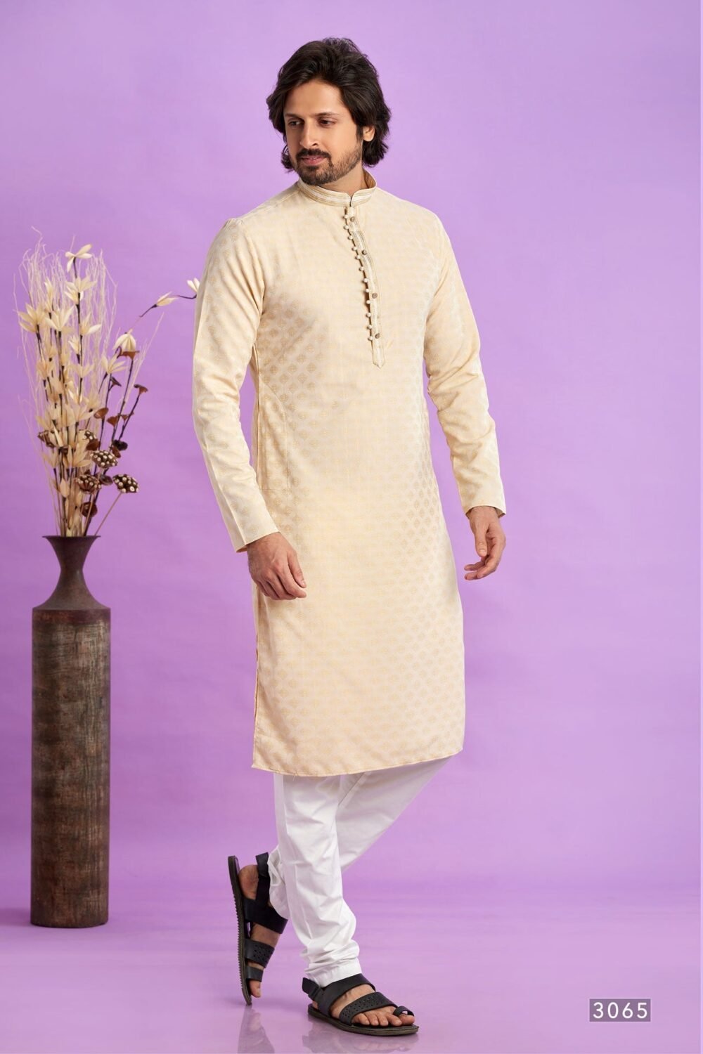 Beige Jacquard Art Silk Readymade Man Kurta Set With Off White Churidar