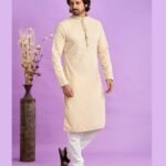Beige Jacquard Art Silk Readymade Man Kurta Set With Off White Churidar