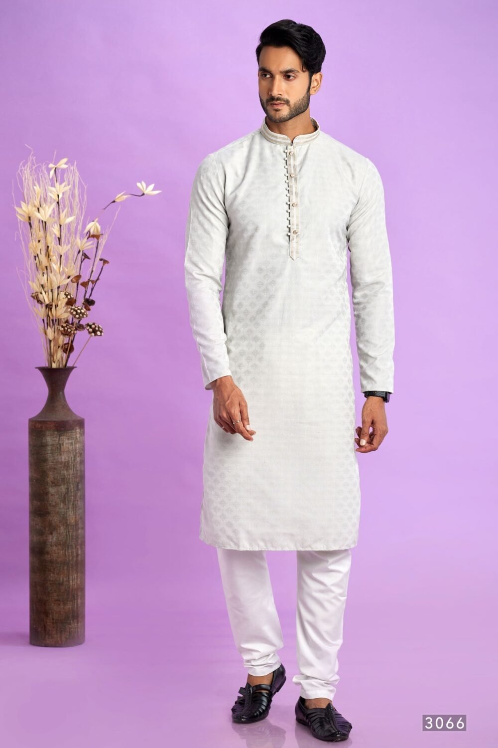 Light Grey Jacquard Art Silk Readymade Man Kurta Set With Off White Churidar