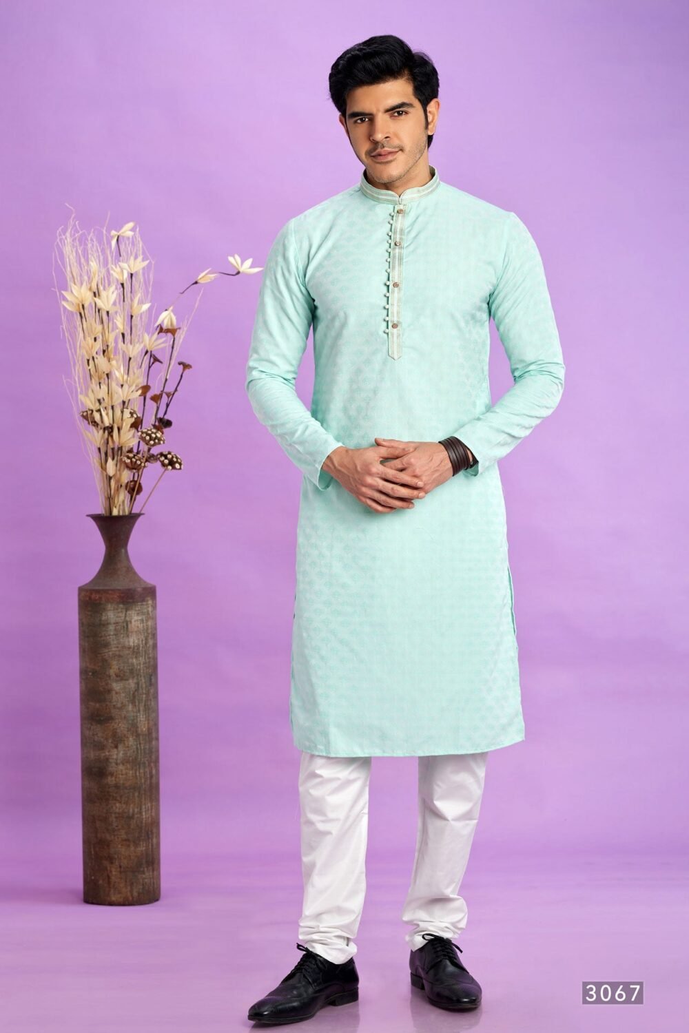 Light Teal Green Jacquard Art Silk Readymade Man Kurta Set With Off White Churidar