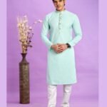 Light Teal Green Jacquard Art Silk Readymade Man Kurta Set With Off White Churidar