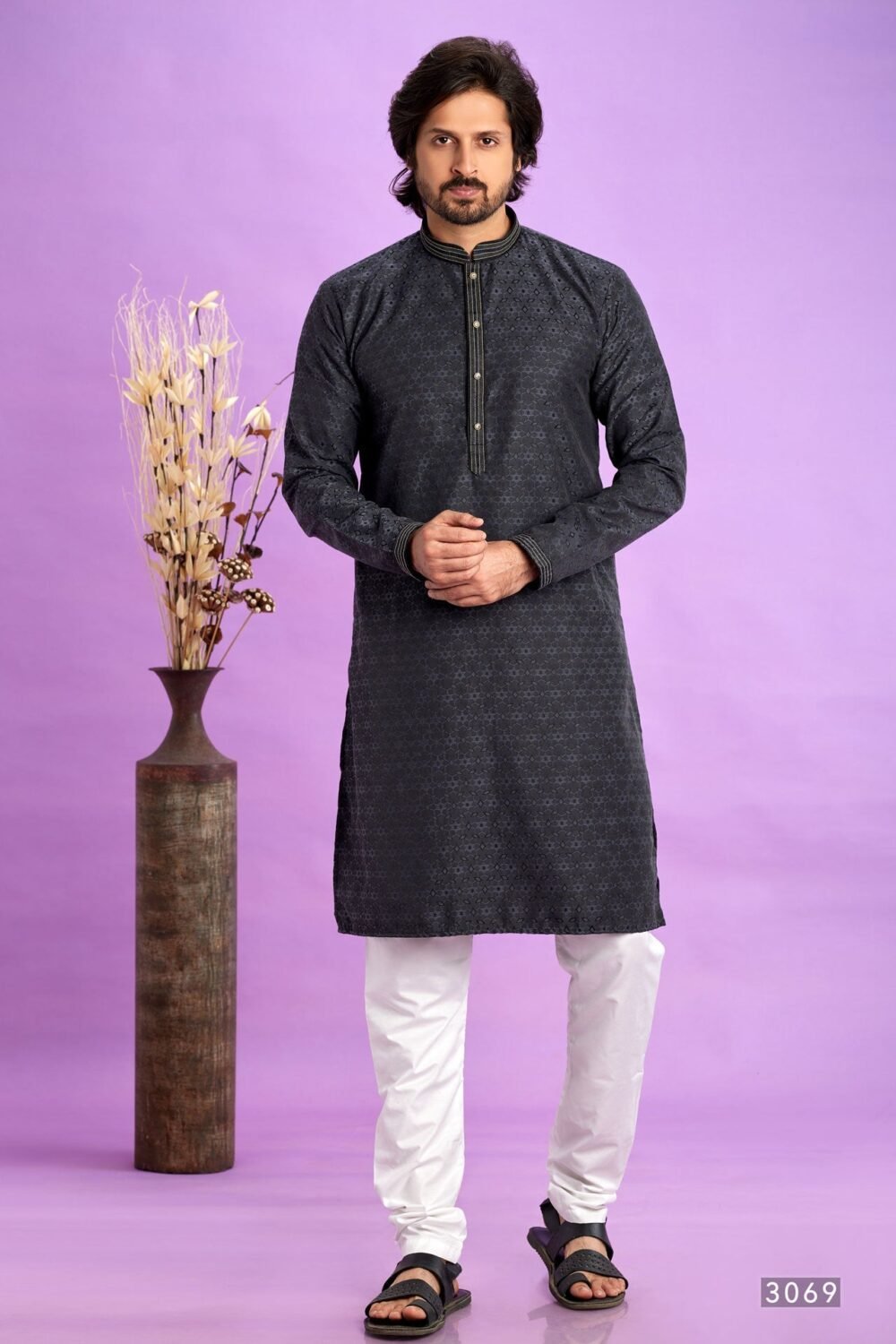Black Jacquard Art Silk Readymade Man Kurta Set With Off White Churidar