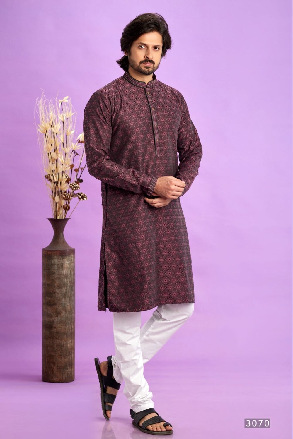 Maroon Jacquard Art Silk Readymade Man Kurta Set With Off White Churidar